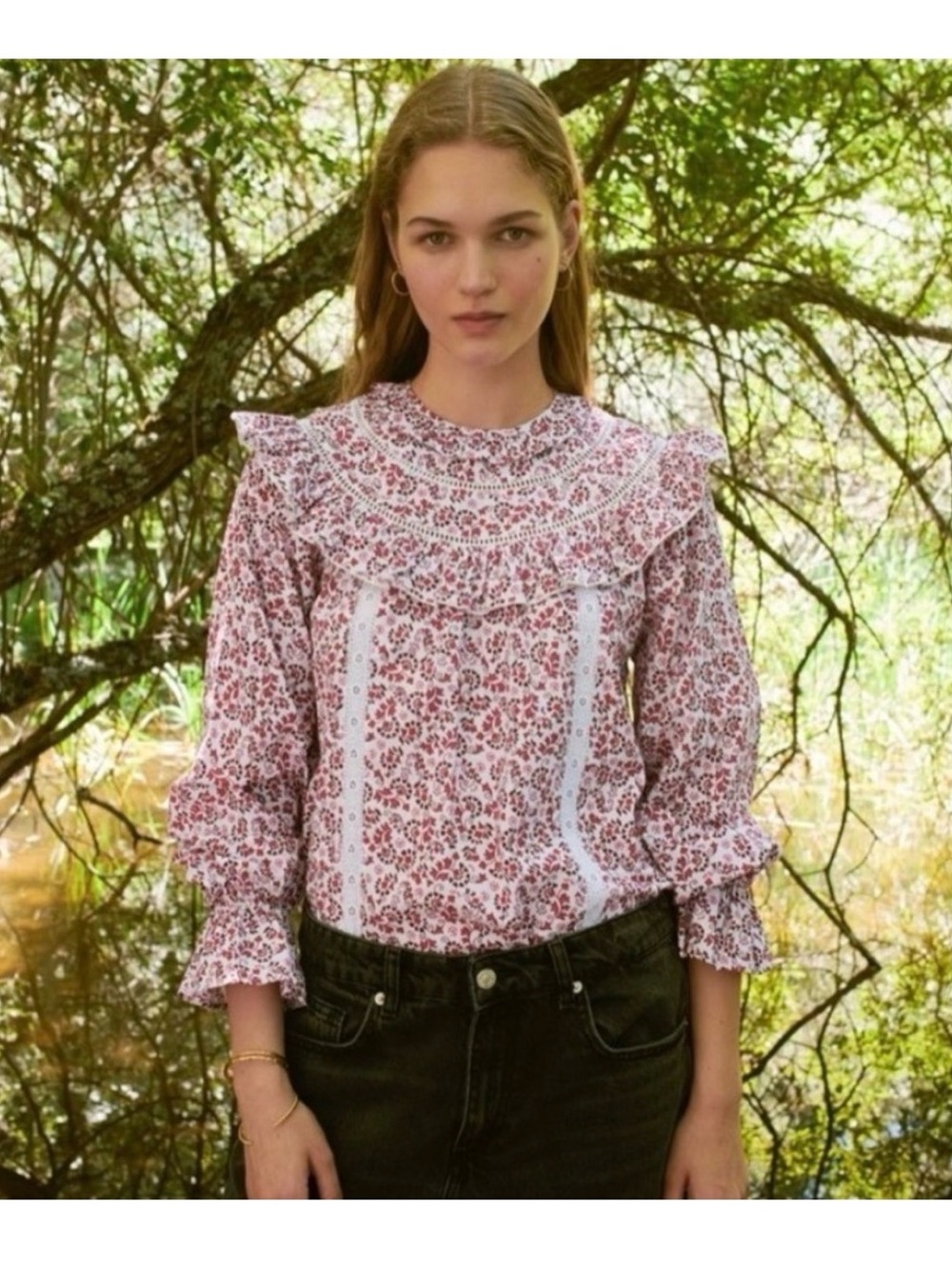 SONMER Carmen Blouse Romantic Pink Floral Ruffle-Yoke Blouse